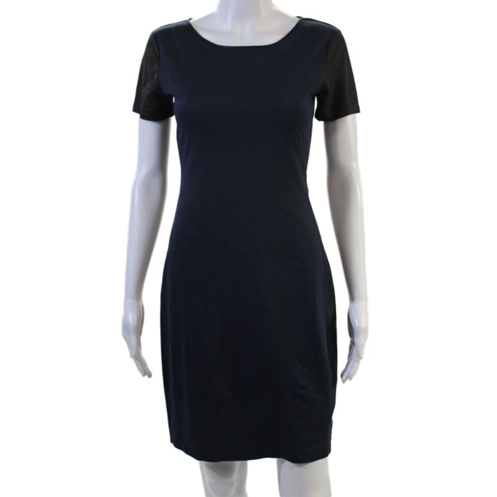 Theory Women Sheath Dress Dark Blue Short Sleeve Zip Knee Length Size 2